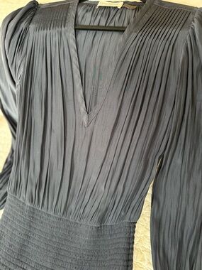 Ramy Brook Silky Navy Pleated V-Neck Women's Dress